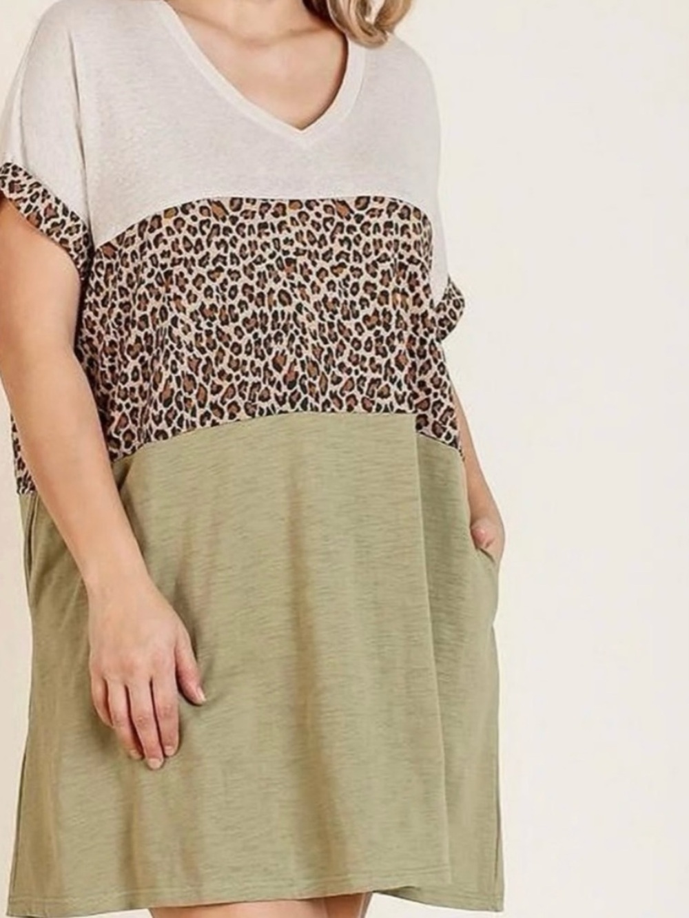 Umgee Beige, Leopard & Olive Colorblock V-Neck Tunic
